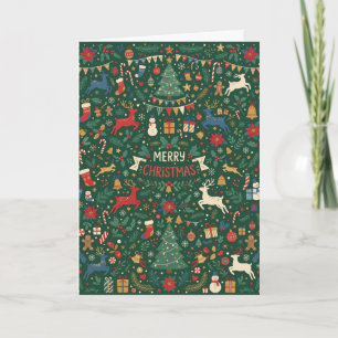 Green Woodland Reindeer Folk Art Christmas Card