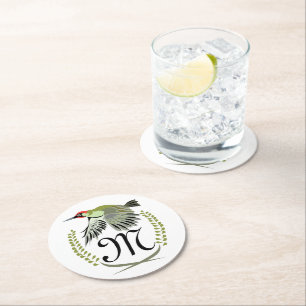 Green Woodpecker in Flight Monogram Round Paper Coaster