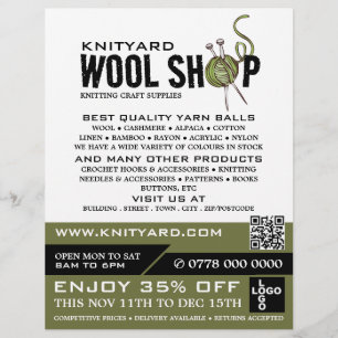 Green Wool Shop Logo, Knitting Store, Yarn Store Flyer