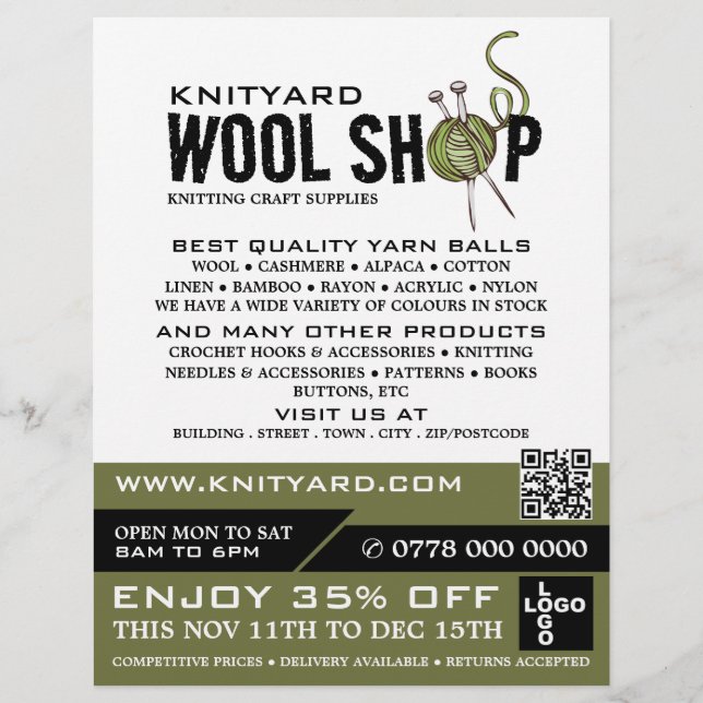 Green Wool Shop Logo, Knitting Store, Yarn Store Flyer (Front)