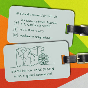 Green World Map & Compass Line Art Adventure Luggage Tag