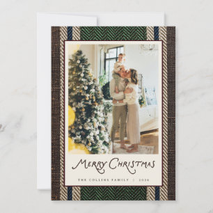 Green Woven Stripe Merry Christmas Family Photo Holiday Card