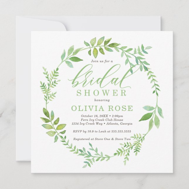 Green Wreath Bridal Shower Invitation, BOHO Invitation (Front)