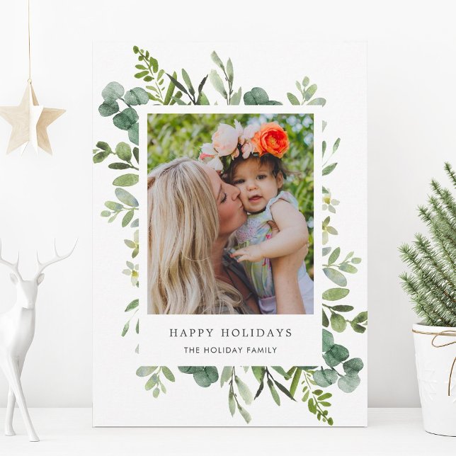 Green Wreath Custom Text Holiday Photo Card (Creator Uploaded)