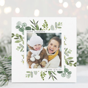 Green Wreath Custom Text Holiday Photo Square Card