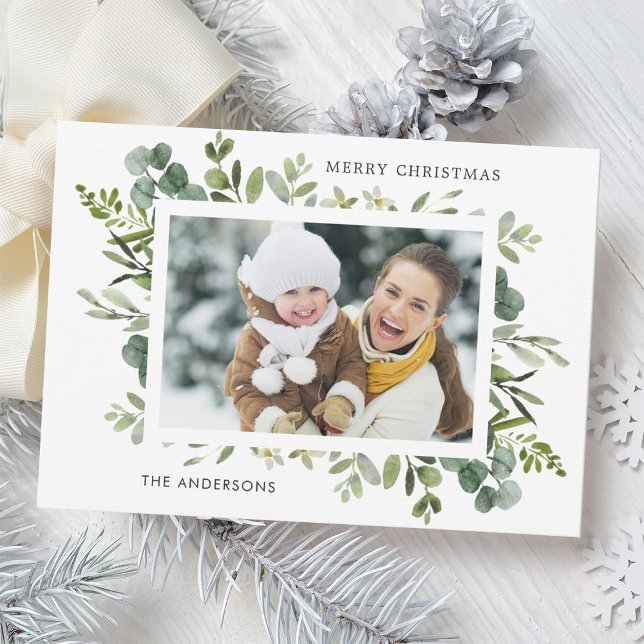 Green Wreath Custom Text Photo Christmas Holiday Card (Creator Uploaded)