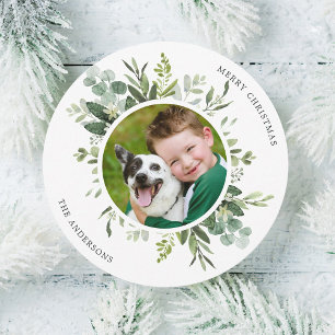 Green Wreath Custom Text Photo Circle Holiday Card
