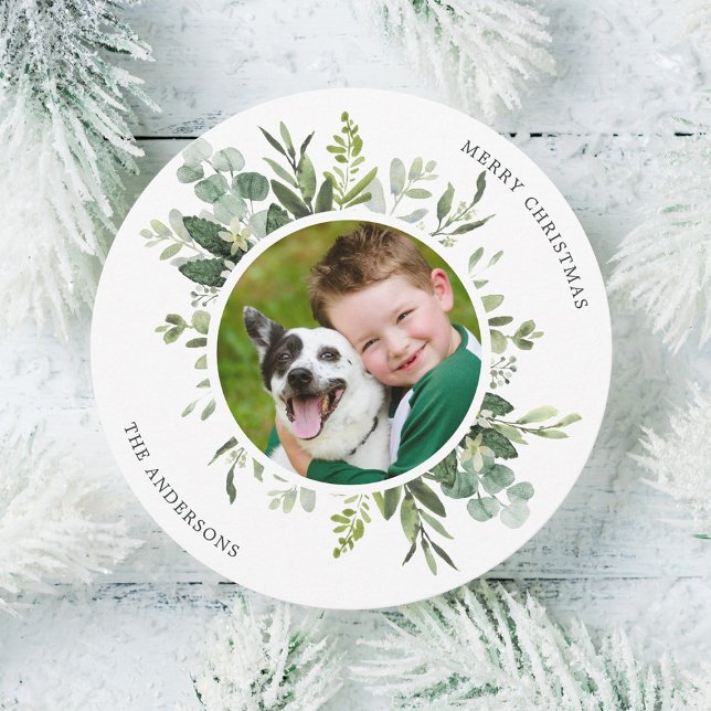 Green Wreath Custom Text Photo Circle Holiday Card (Creator Uploaded)