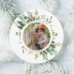 Green Wreath Custom Text Photo Circle Holiday Card
