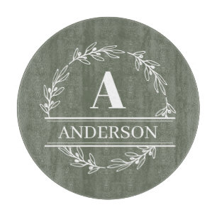 Green Wreath Family Name Monogram Cutting Board