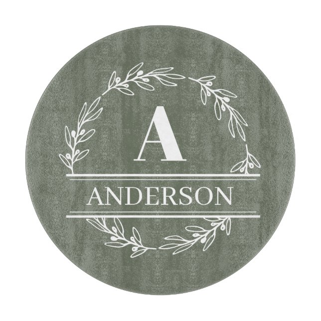 Green Wreath Family Name Monogram  Cutting Board (Front)
