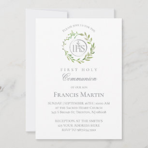  green wreath first holy communion invitation