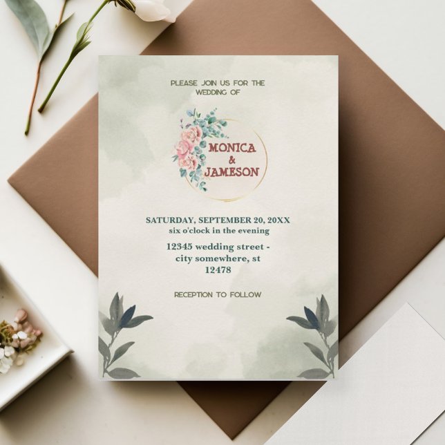 Green wreath Floral Watercolor Wedding Invitation (Creator Uploaded)