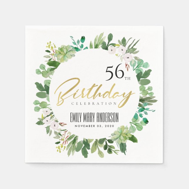GREEN WREATH FOLIAGE WATERCOLOR ANY AGE BIRTHDAY NAPKIN (Front)