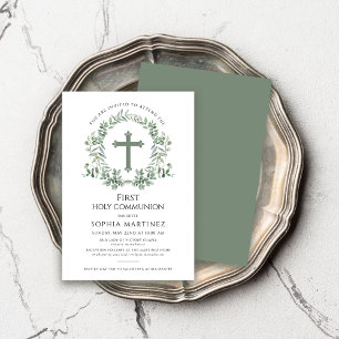 Green Wreath Girl'sFirst Holy Communion Invitation