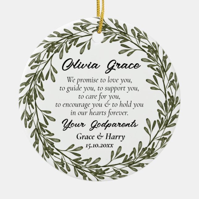 Green Wreath Godparents Promise to Godchild Ceramic Tree Decoration (Front)