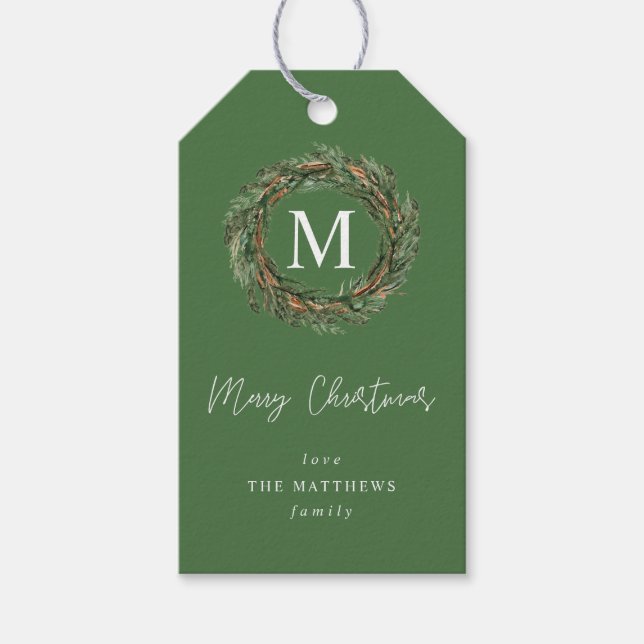 Green Wreath Monogram Gift Tags (Front)