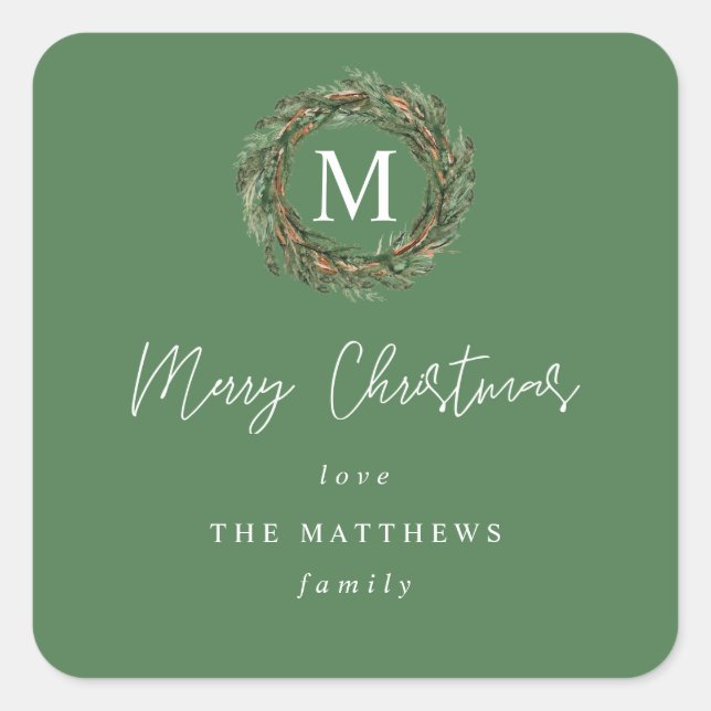 Green Wreath Monogram Merry Christmas Gift Square Sticker (Front)