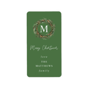 Green Wreath Monogram Merry Christmas Label