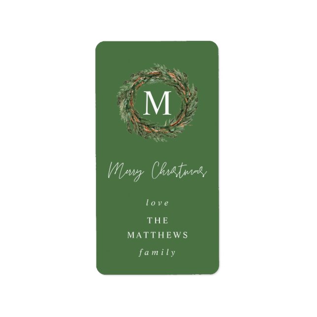 Green Wreath Monogram Merry Christmas Label (Front)