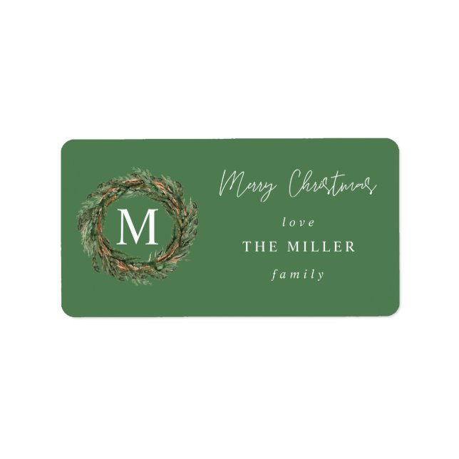 Green & Wreath Monogram Merry Christmas Label V2 (Front)