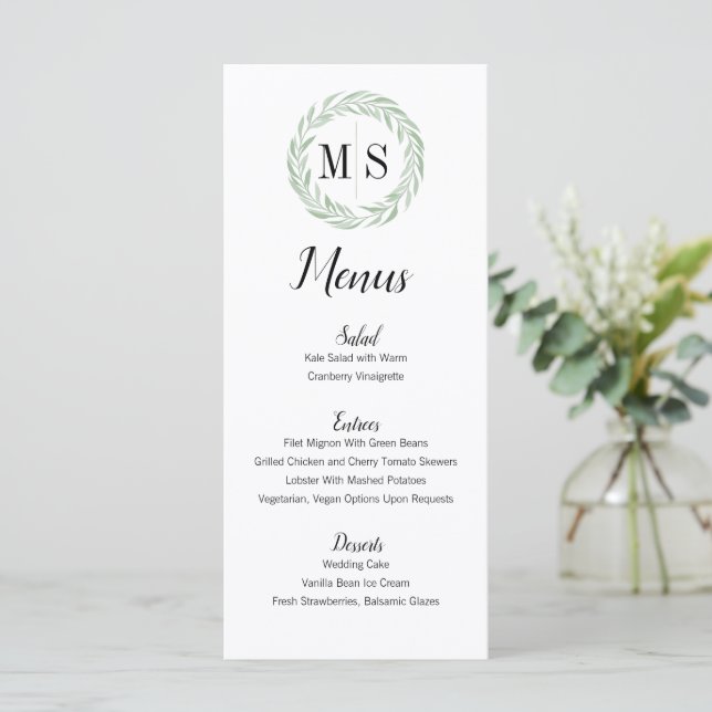 Green Wreath Monogram Wedding Menu (Standing Front)