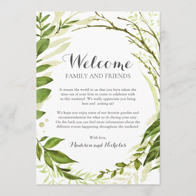 Green Wreath Wedding Hotel Welcome Cards, Rustic Programme (Front)