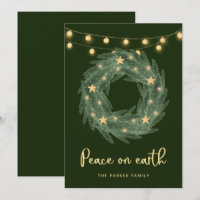 Green Wreath with Gold String Lights on Green