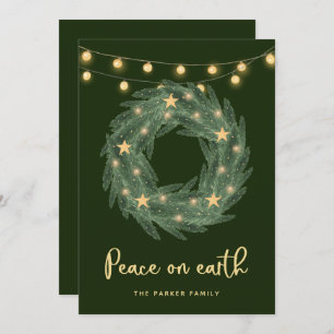 Green Wreath with Gold String Lights on Green Holiday Card