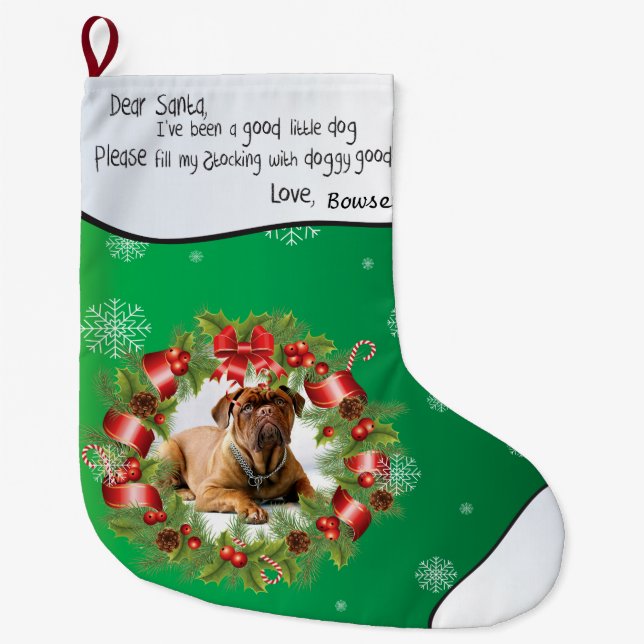 Green Xmas PHOTO FRAME for Your Dog's Photo Large Christmas Stocking (Front)
