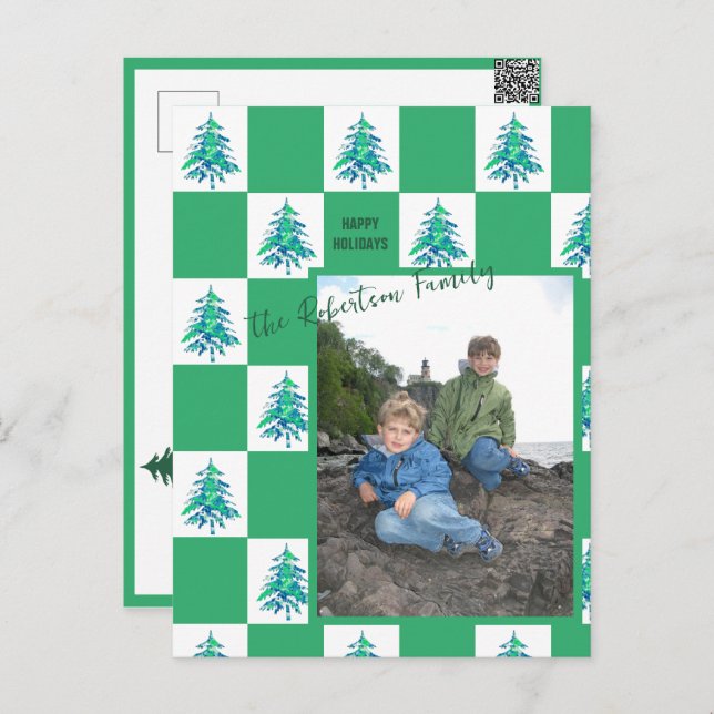 Green Xmas Tree Chequerboard Holiday Photo Postcard (Front/Back)