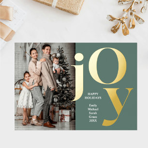 Green Xmas Vertical Family Photo Names Joy Gold 