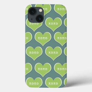Green XOXO Hearts Customisable Background Colour iPhone 13 Case