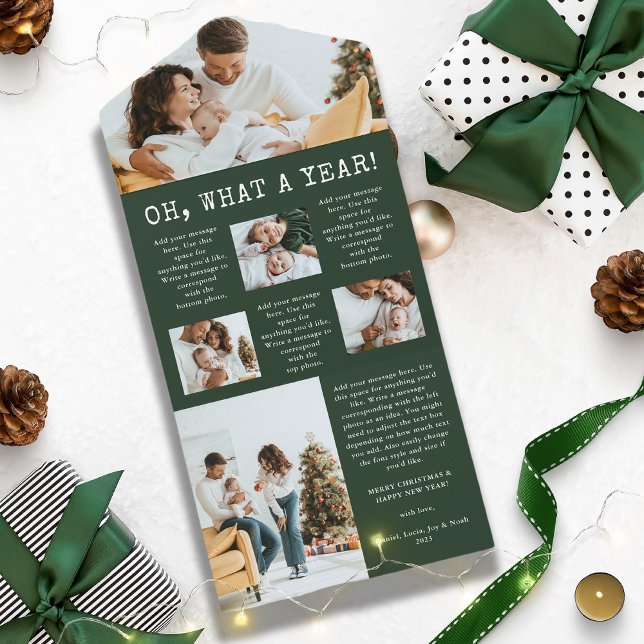 Green Year In Review Trifold Cards (Green Year in Review Trifold Photo Collage Christmas New Year Holiday Card)