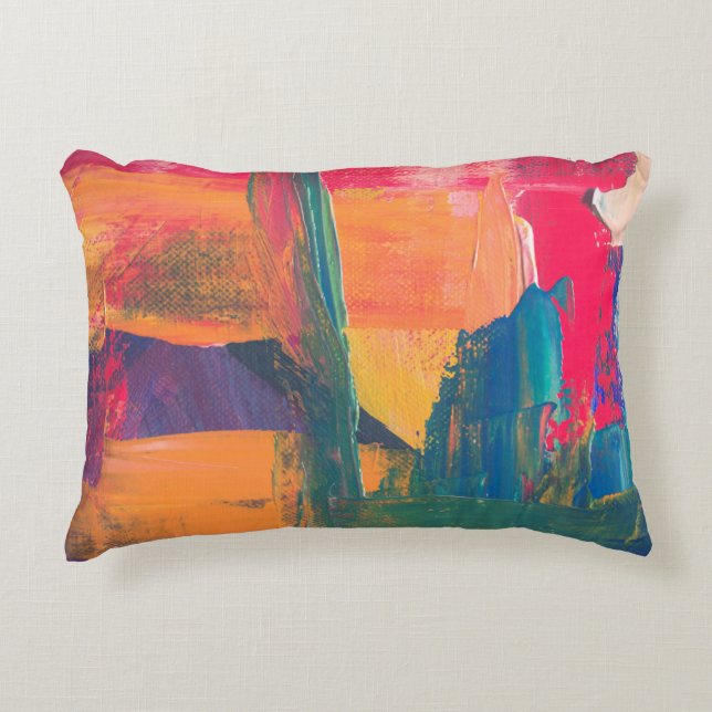 Green, yellow, and red abstract painting decorative cushion (Front)