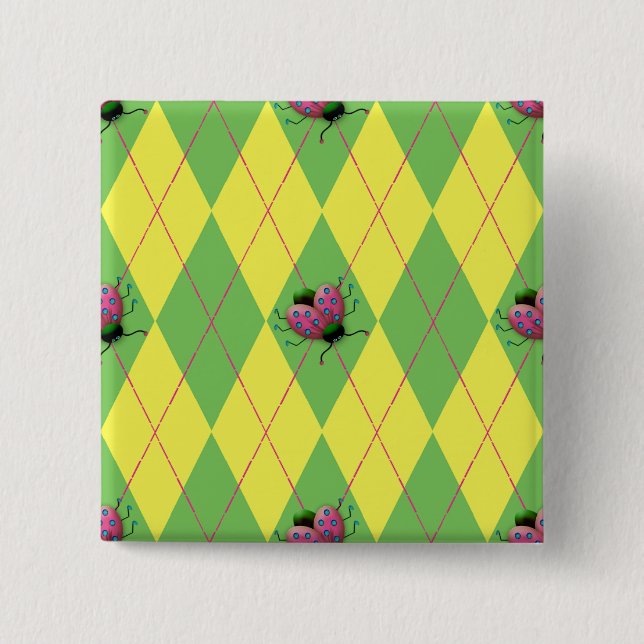 Green & Yellow Argyle Ladybug 15 Cm Square Badge (Front)