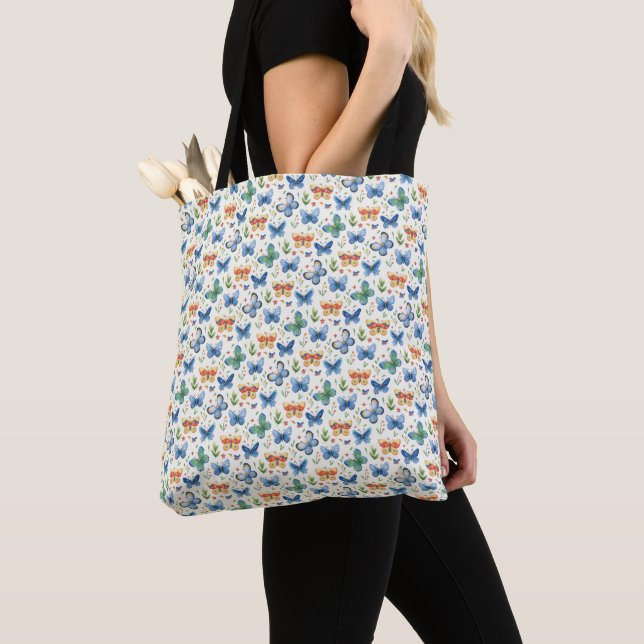 Green Yellow Blue Butterflies and Flowers Tote Bag (Close Up)