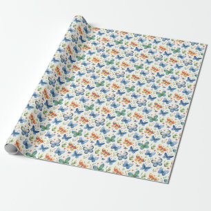 Green Yellow Blue Butterflies and Flowers Wrapping Paper