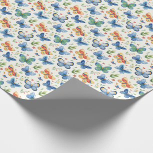 Green Yellow Blue Butterflies and Flowers Wrapping Paper