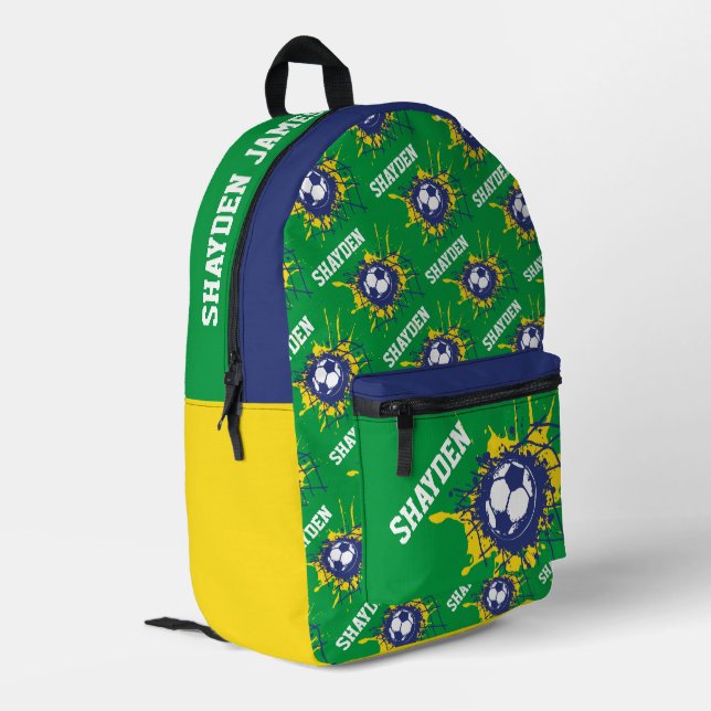 Green yellow blue football soccer splat custom printed backpack (Back Corner Left)