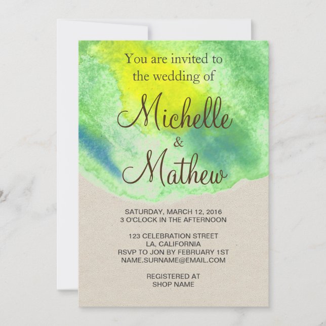 Green Yellow Blue Watercolor Wedding Invitation (Front)