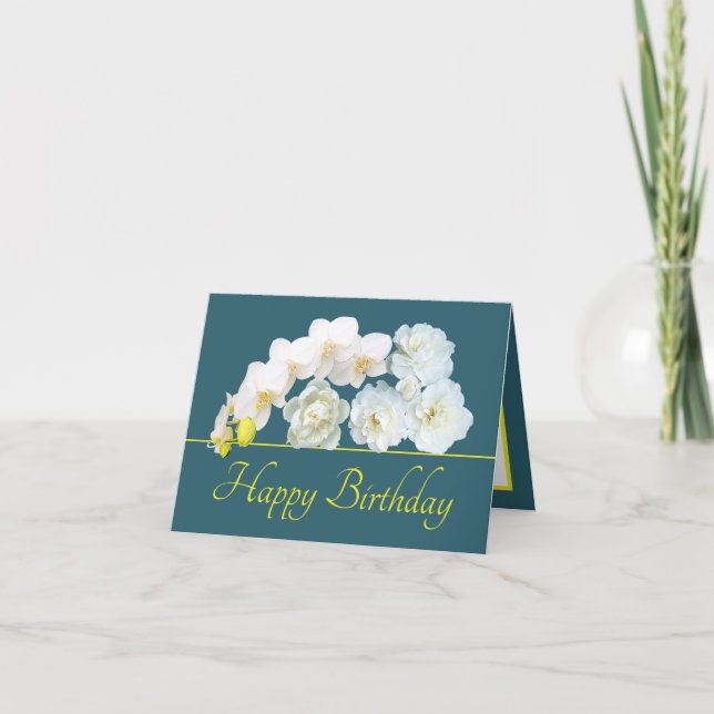 Green Yellow Bouquet White Flowers Happy Birthday Card (Front)