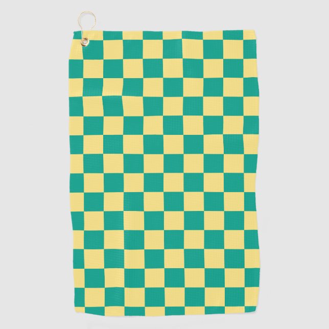 Green + Yellow Chequered Chequerboard Pattern Golf Towel (Front)