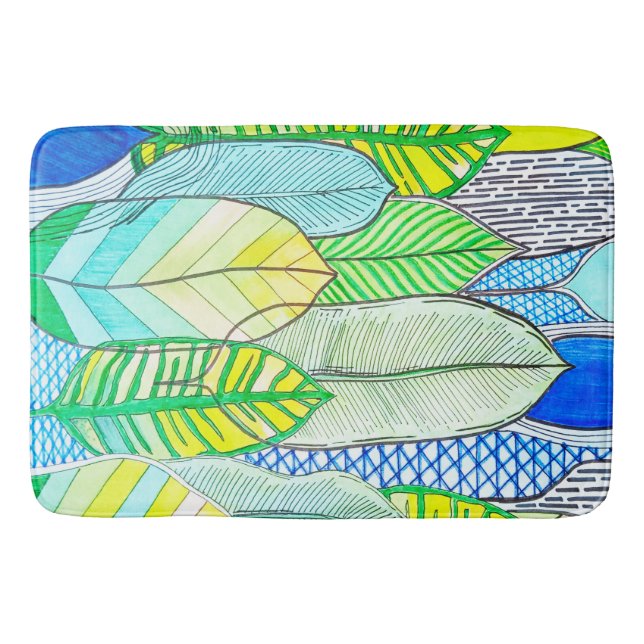 Green Yellow Cute Modern Tropical Boho Leaves Bath Mat (Front)