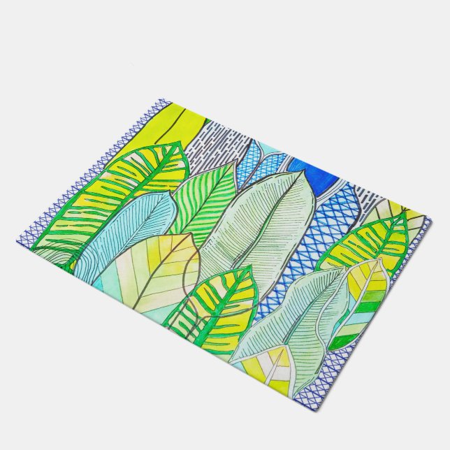 Green Yellow Cute Modern Tropical Boho Leaves Doormat (Angled)