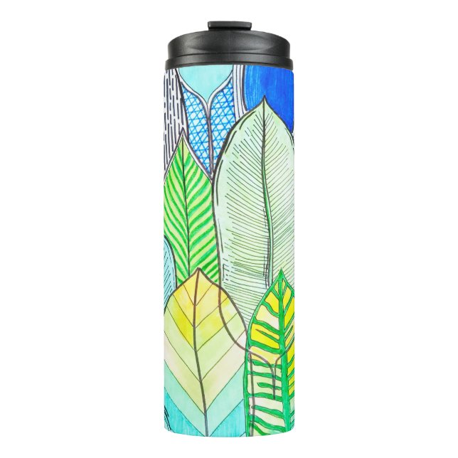 Green Yellow Cute Modern Tropical Boho Leaves Thermal Tumbler (Front)