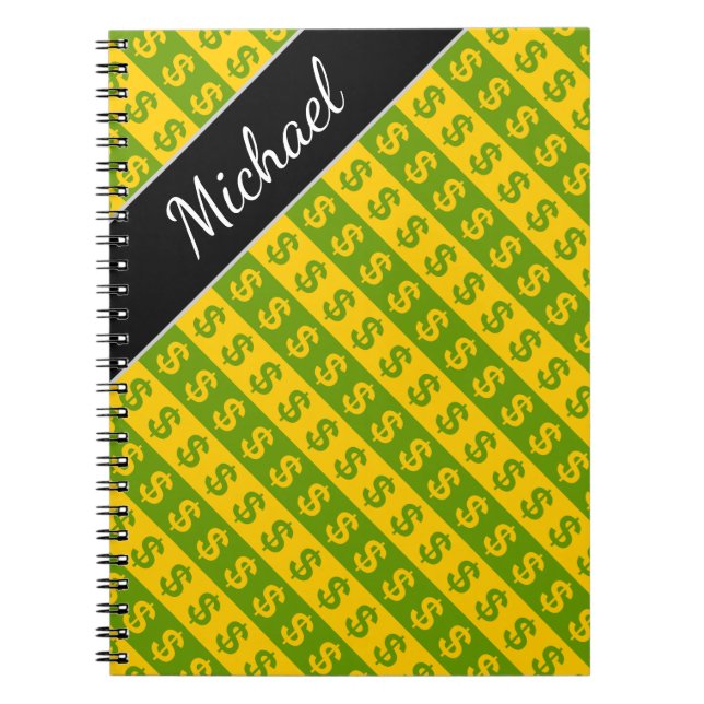 Green & Yellow Dollar Signs ($) Striped Pattern Spiral Notebook (Front)