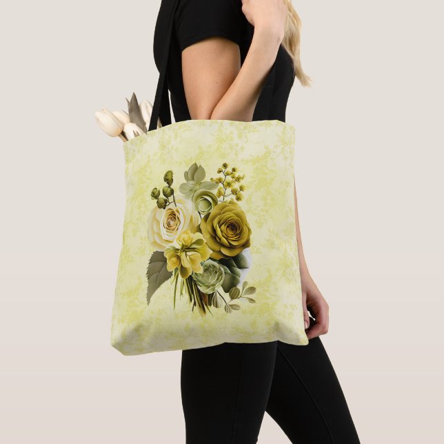 Green Yellow Gold Floral Shoulder Tote Bag (Close Up)