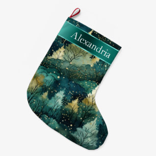 Green Yellow Gold Trees Christmas Name Large Christmas Stocking