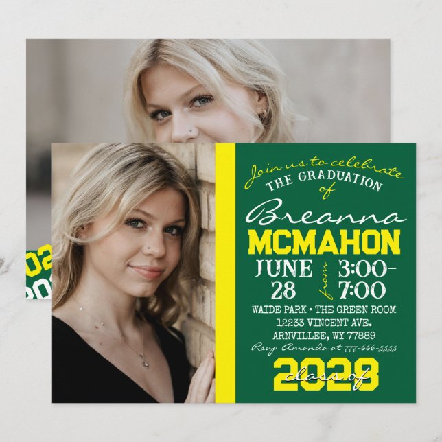 Green & Yellow Graduation 2 Photo Invitation (Front/Back)